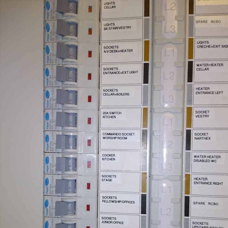 Church commercial consumer unit labelled in detail