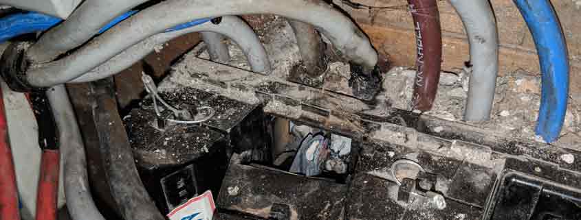 Emergency electrician inspecting a burnt out main fuse