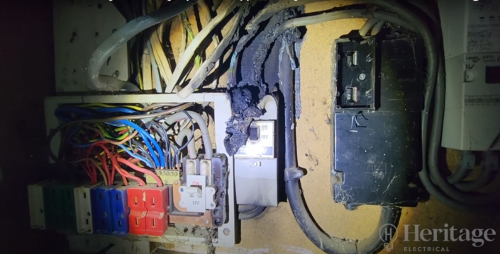 A consumer unit damaged by electrical fire at a property in Oakhampton Devon